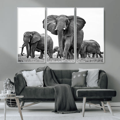 91685-MGV-CV-36X24-Elephant Herd Wall Art – Black and White Safari Canvas Print, African Wildlife Photography Decor for Living Room, Office or