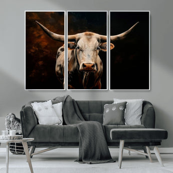 70522-MGV-CV-36X24-Longhorn Bull Wall Art – Striking Canvas Print of Majestic Bull, Premium Animal Decor for Home, Office, Man Cave, or Living Room