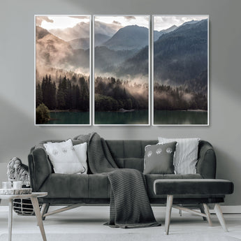 61116-MGV-CV-36X24-Misty Mountain Lake Wall Art – Tranquil Foggy Forest and Lake Canvas Print, Scenic Nature Landscape Decor for Living Room or