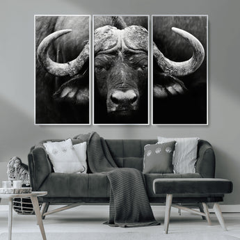 75273-MGV-CV-36X24-Buffalo Wall Art – Black and White African Buffalo Canvas Print, Rustic Wildlife Animal Artwork for Farmhouse, Living Room,