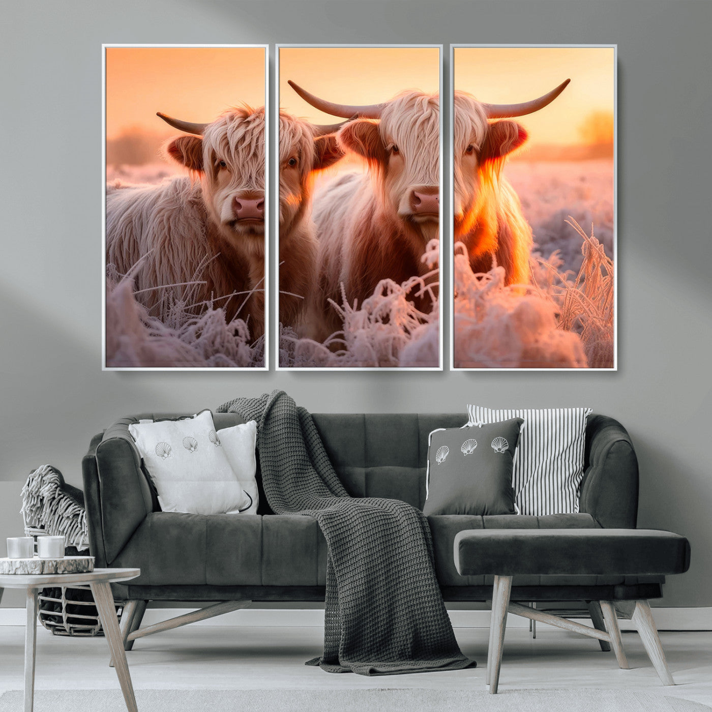 68253-MGV-CV-36X24-Highland Cow Wall Art – Rustic Farmhouse Cattle Canvas Print, Frosty Sunset Animal Artwork for Living Room, Bedroom or Country