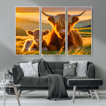 20567-MGV-CV-36X24-Highland Cow and Calf Wall Art – Rustic Farmhouse Sunset Cattle Canvas Print, Country Animal Artwork for Living Room, Bedroom, or