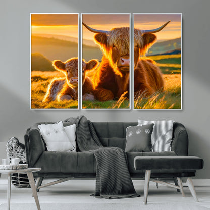 20567-MGV-CV-36X24-Highland Cow and Calf Wall Art – Rustic Farmhouse Sunset Cattle Canvas Print, Country Animal Artwork for Living Room, Bedroom, or