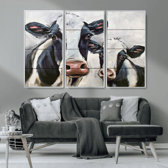 28934-MGV-FC-48X32-3P_White-Farmhouse Cow Wall Art – Rustic Black and White Dairy Cattle Canvas Print, Country Barn Animal Painting for Kitchen, Living Room