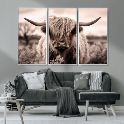 55903-MGV-CV-36X24-Highland Cow Wall Art – Rustic Sepia Scottish Highland Bull Canvas Print, Farmhouse Country Animal Decor for Living Room, Bedroom