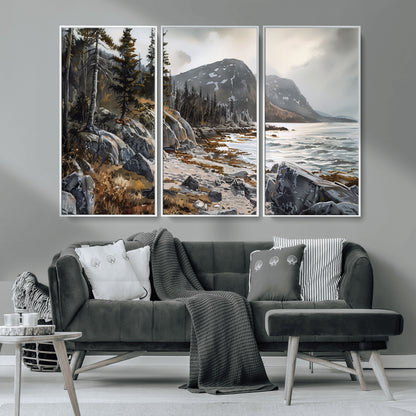 41281-MGV-CV-36X24-Rocky Shoreline Wall Art – Panoramic Mountain Coast and Forest Canvas Print, Rustic Nature Landscape Decor for Cabin, Lodge, or