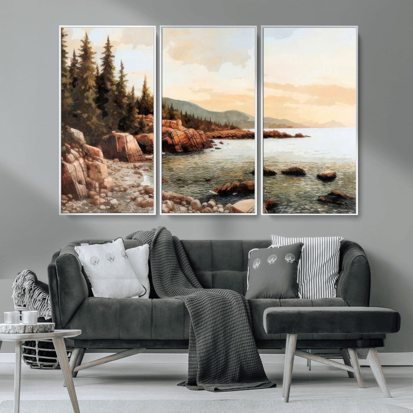 77145-MGV-CV-36X24-Coastal Landscape Wall Art – Panoramic Rocky Shoreline and Pine Trees Canvas Print, Rustic Nature Decor for Cabin, Lodge, Office,