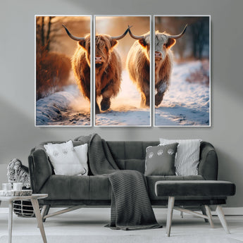 94810-MGV-CV-36X24-Highland Cow Wall Art – Rustic Canvas Print Two Cattle Snow Path Sunset, Farmhouse Country Decor for Living Room, Bedroom, Office,