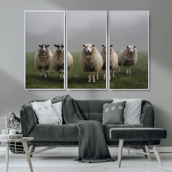 87339-MGV-CV-36X24-Sheep Wall Art – Rustic Farmhouse Canvas Print Flock Standing Misty Field Countryside Photography, Country Animal Decor for Living