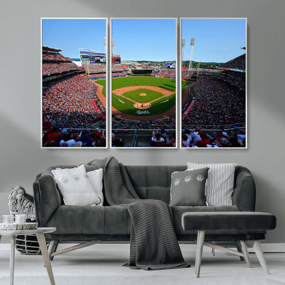 90998-MGV-CV-36X24-Baseball Stadium Wall Art – Canvas Print Day Game Field Packed Crowd Bright Blue Sky Sports Photography, Classic Decor for Game