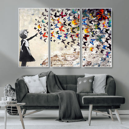 97895-MGV-CV-36X24-Girl with Butterflies Wall Art – Colorful Street Art Style Canvas Print, Modern Graffiti-Inspired Butterfly Artwork for Living