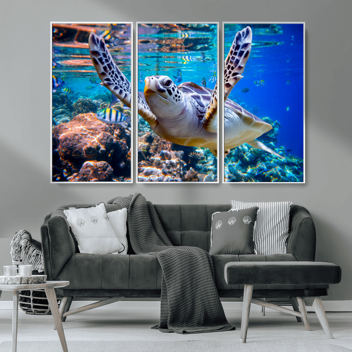12683-MGV-CV-36X24-Sea Turtle Wall Art – Graceful Ocean Canvas Print with Coral Reef and Tropical Fish, Coastal Marine Life Decor for Beach House,