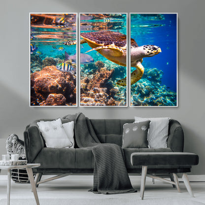 66614-MGV-CV-36X24-Sea Turtle Wall Art – Hawksbill Turtle Swimming Over Coral Reef Canvas Print, Ocean Marine Life Decor for Beach House, Coastal