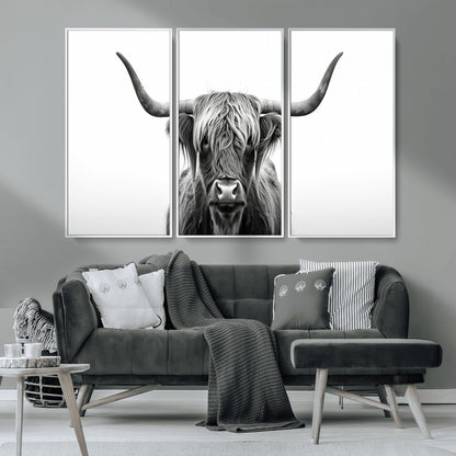 49556-MGV-CV-36X24-Highland Cow Wall Art – Black and White Scottish Highland Cattle Print, Rustic Farmhouse Minimalist Animal Portrait Canvas for