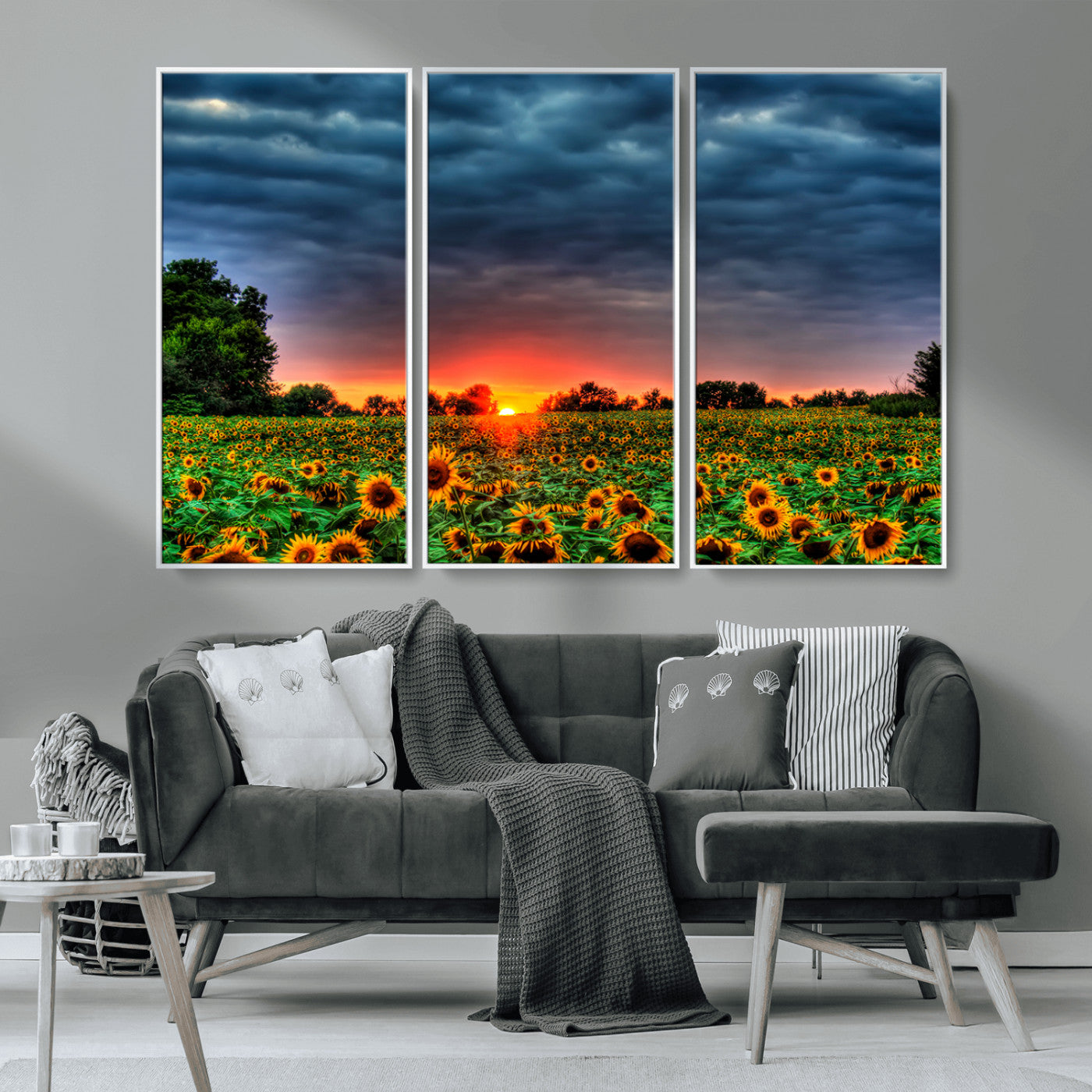 45045-MGV-CV-36X24-Sunflower Field Sunset Wall Art – Dramatic Stormy Sky Landscape Print, Vibrant Yellow Floral Nature Canvas for Living Room,