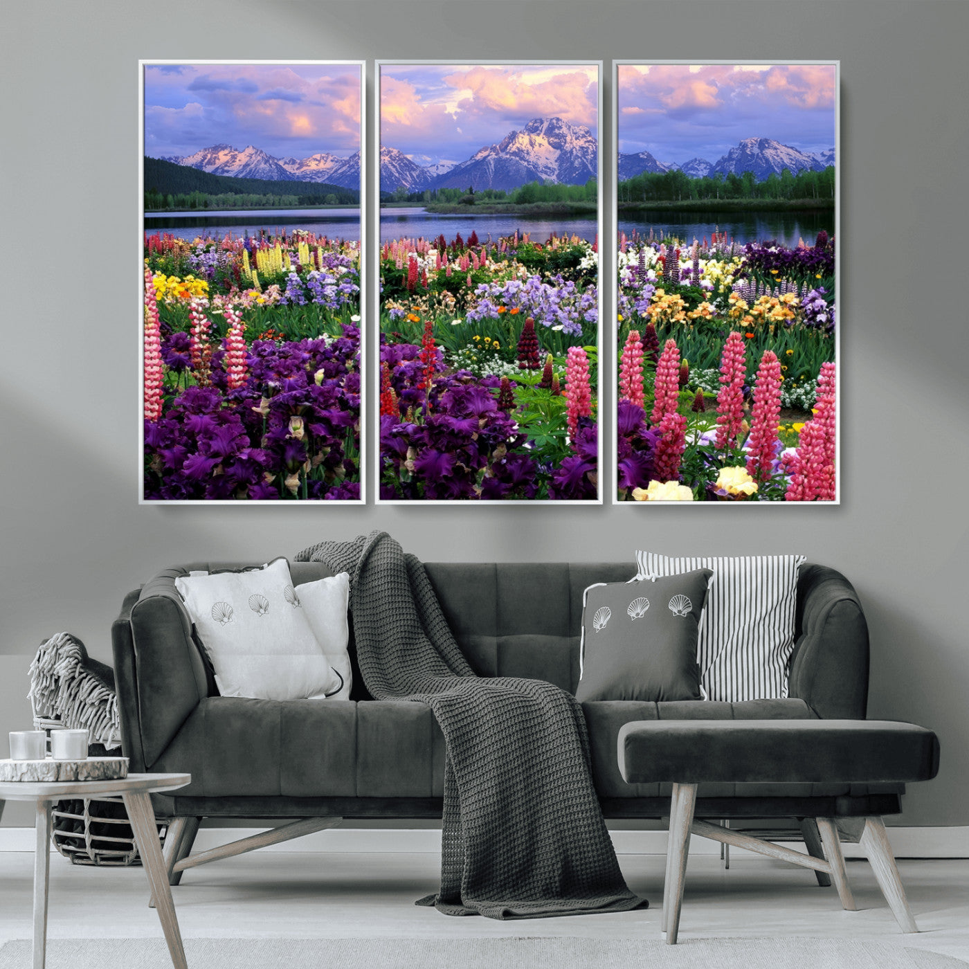 82270-MGV-CV-36X24-Colorful Wildflower Meadow Landscape Wall Art – Snow-Capped Mountain Lake Sunset Print, Vibrant Nature Artwork for Living Room,