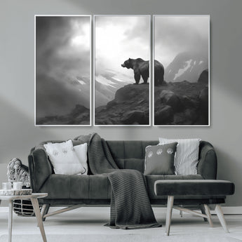 49504-MGV-CV-36X24-Black and White Grizzly Bear Wall Art – Wilderness Wildlife Painting, Rustic Mountain Cabin Decor, Monochrome Animal Print for