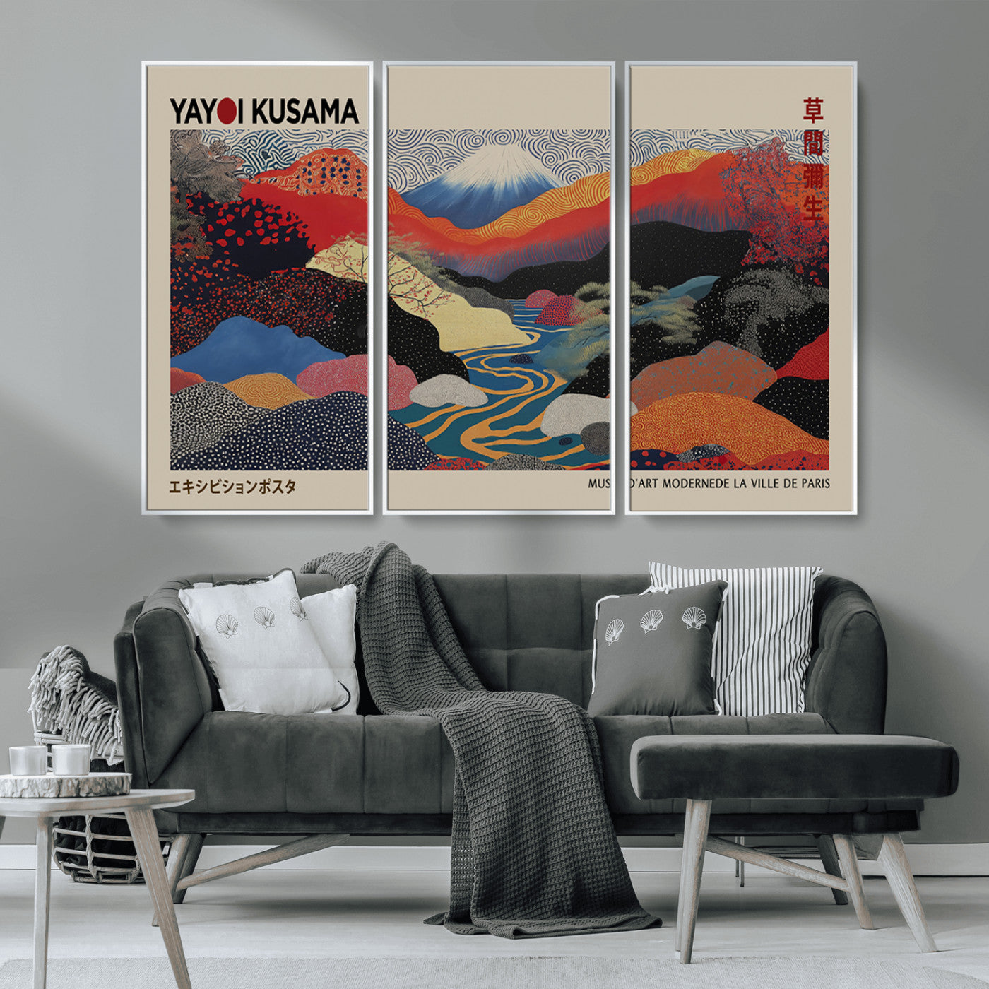 49228-MGV-FC-93X47-3P_Black-Kusama Wall Art – Vibrant Japanese Landscape Canvas Print, Modern Abstract Mountain and River Decor for Living Room, Office or Art