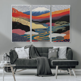 32131-MGV-CV-36X24-Japanese Mount Fuji Wall Art – Abstract Landscape Canvas Print with Swirling Sky & River, Modern Minimalist Asian Inspired Poster