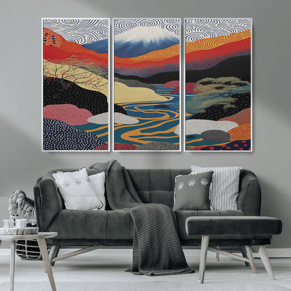 32131-MGV-CV-36X24-Japanese Mount Fuji Wall Art – Abstract Landscape Canvas Print with Swirling Sky & River, Modern Minimalist Asian Inspired Poster