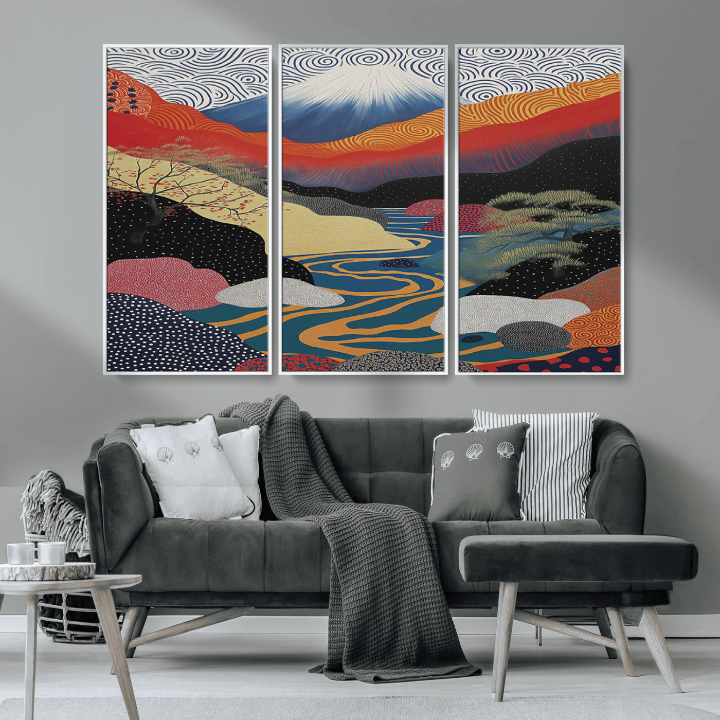 22313-MGV-CV-36X24-Yayoi Kusama Wall Art – Abstract Mount Fuji Landscape Canvas Print, Vibrant Japanese Nature Scene with River, Mountains and Sky