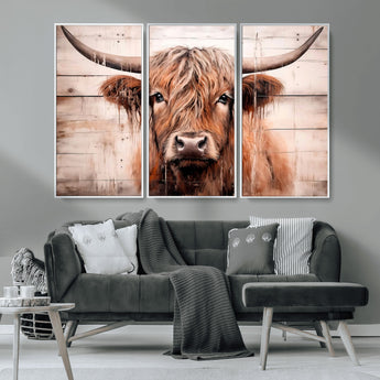 93730-MGV-CV-36X24-Scottish Cow Wall Art Canvas Print, Framed Longhorn Cow Art Picture Print, Highland Cattle Perfect Rustic Farmhouse Decor Artwork