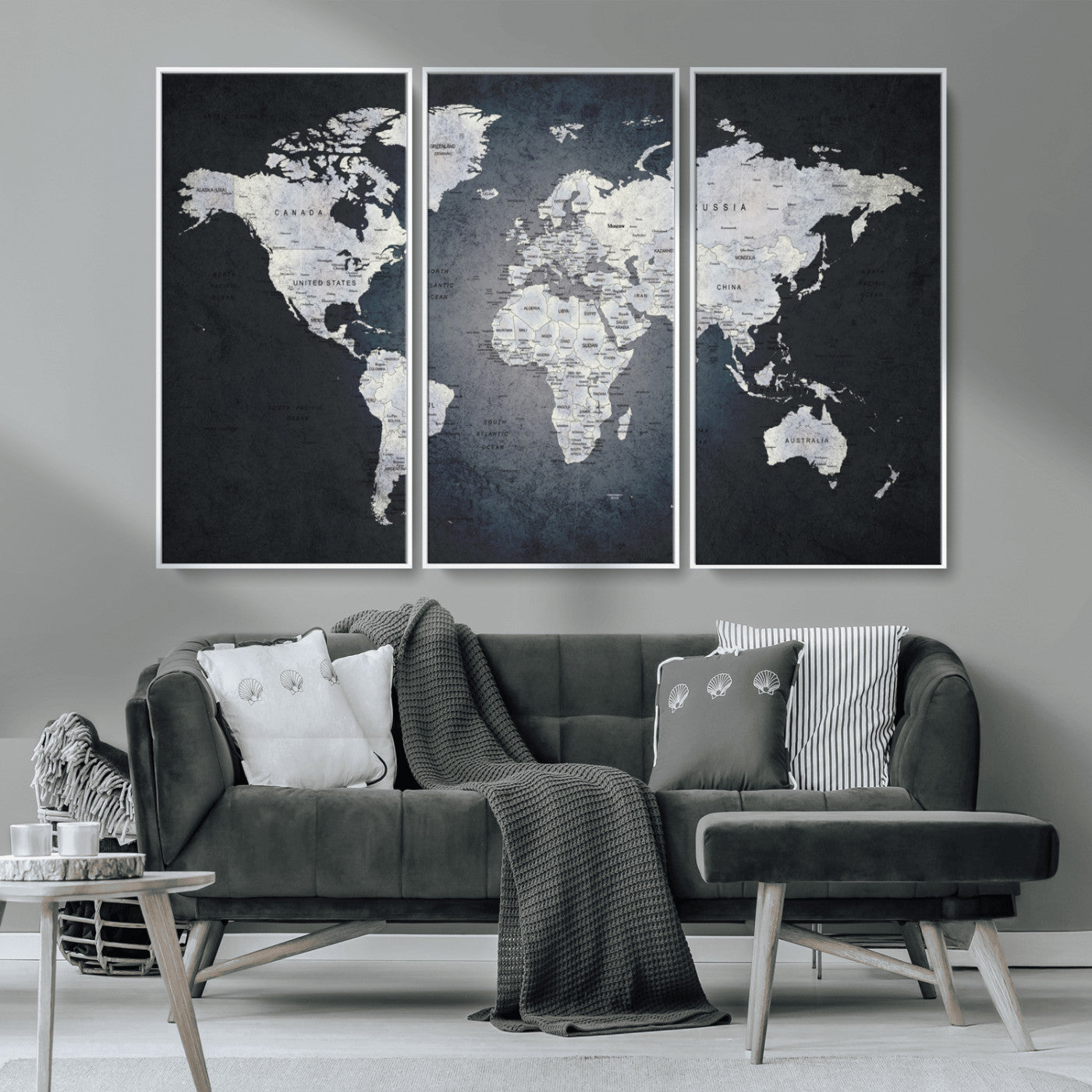 19124-MGV-CV-36X24-Modern World Map Wall Art – Black and White Canvas Print, Minimalist Global Map Decor for Office, Study, Bedroom or Living Room