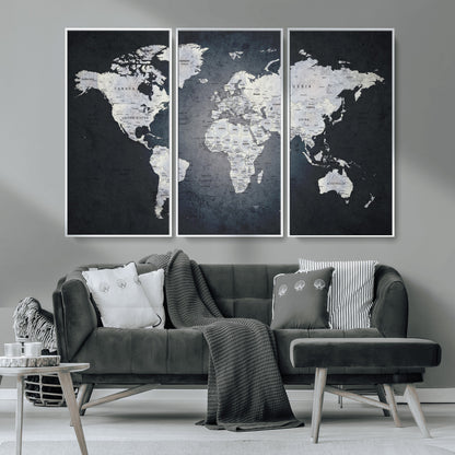 19124-MGV-CV-36X24-Modern World Map Wall Art – Black and White Canvas Print, Minimalist Global Map Decor for Office, Study, Bedroom or Living Room