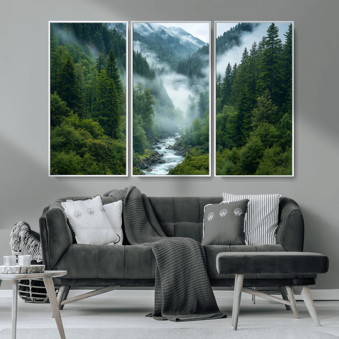 69453-MGV-CV-36X24-Mountain Forest Wall Art – Misty River and Evergreen Landscape Canvas Print, Nature Photography Poster for Living Room, Bedroom,