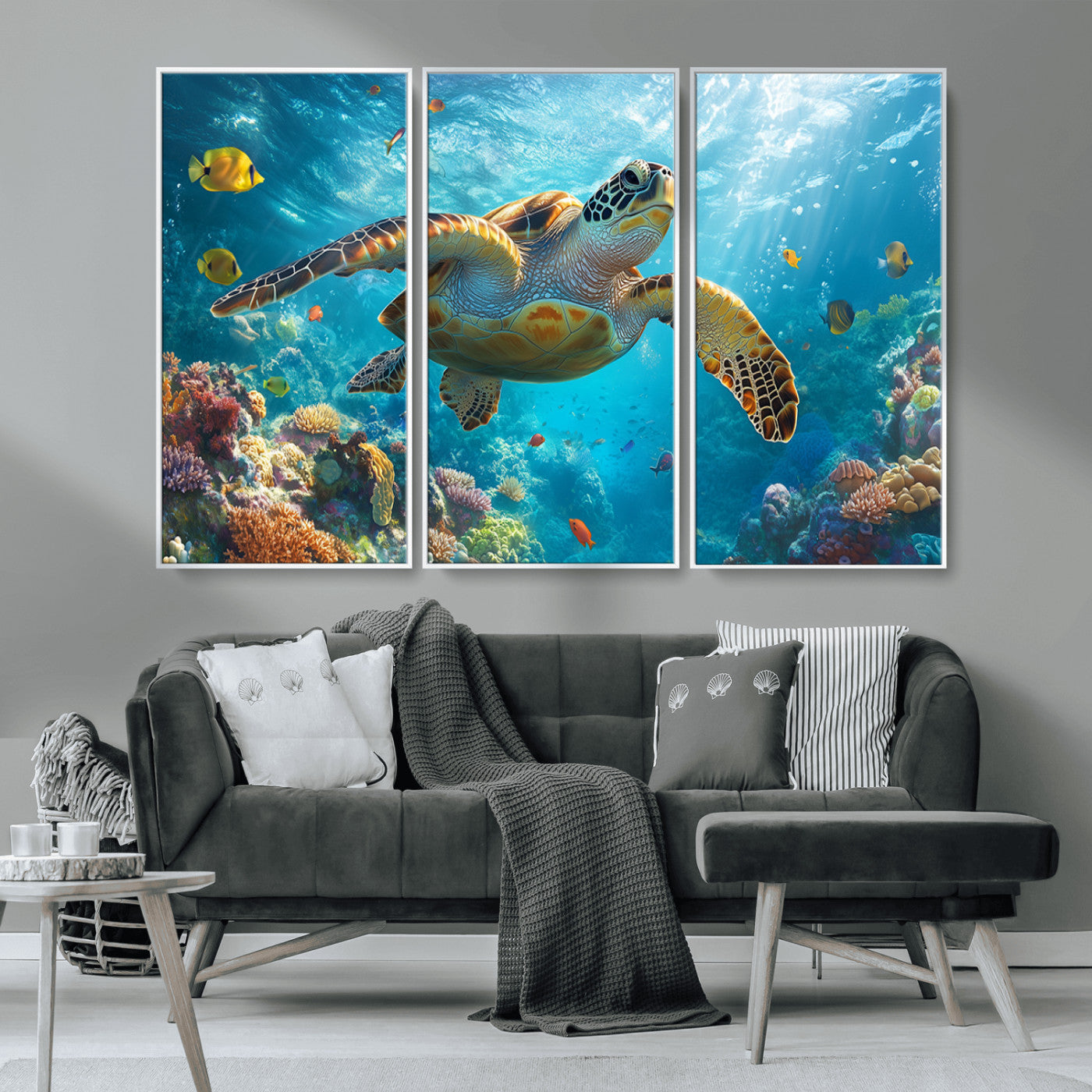 37623-MGV-CV-36X24-Sea Turtle Wall Art – Underwater Ocean Canvas Print with Coral Reef and Tropical Fish, Marine Life Painting Poster for Living