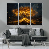 60194-MGV-CV-36X24-Glowing Tree Wall Art – Golden Roots Fantasy Canvas Print, Mystical Illuminated Tree Painting Poster for Living Room, Bedroom,