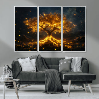 60194-MGV-CV-36X24-Glowing Tree Wall Art – Golden Roots Fantasy Canvas Print, Mystical Illuminated Tree Painting Poster for Living Room, Bedroom,