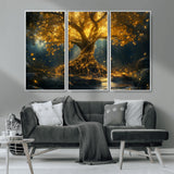 92739-MGV-FC-48X32-3P_White-Glowing Tree Wall Art – Enchanted Golden Forest Canvas Print, Mystical Illuminated Nature Painting Poster for Living Room,