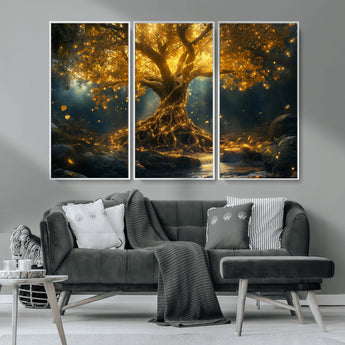 92739-MGV-FC-48X32-3P_White-Glowing Tree Wall Art – Enchanted Golden Forest Canvas Print, Mystical Illuminated Nature Painting Poster for Living Room,