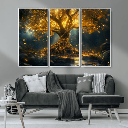 92739-MGV-FC-48X32-3P_White-Glowing Tree Wall Art – Enchanted Golden Forest Canvas Print, Mystical Illuminated Nature Painting Poster for Living Room,