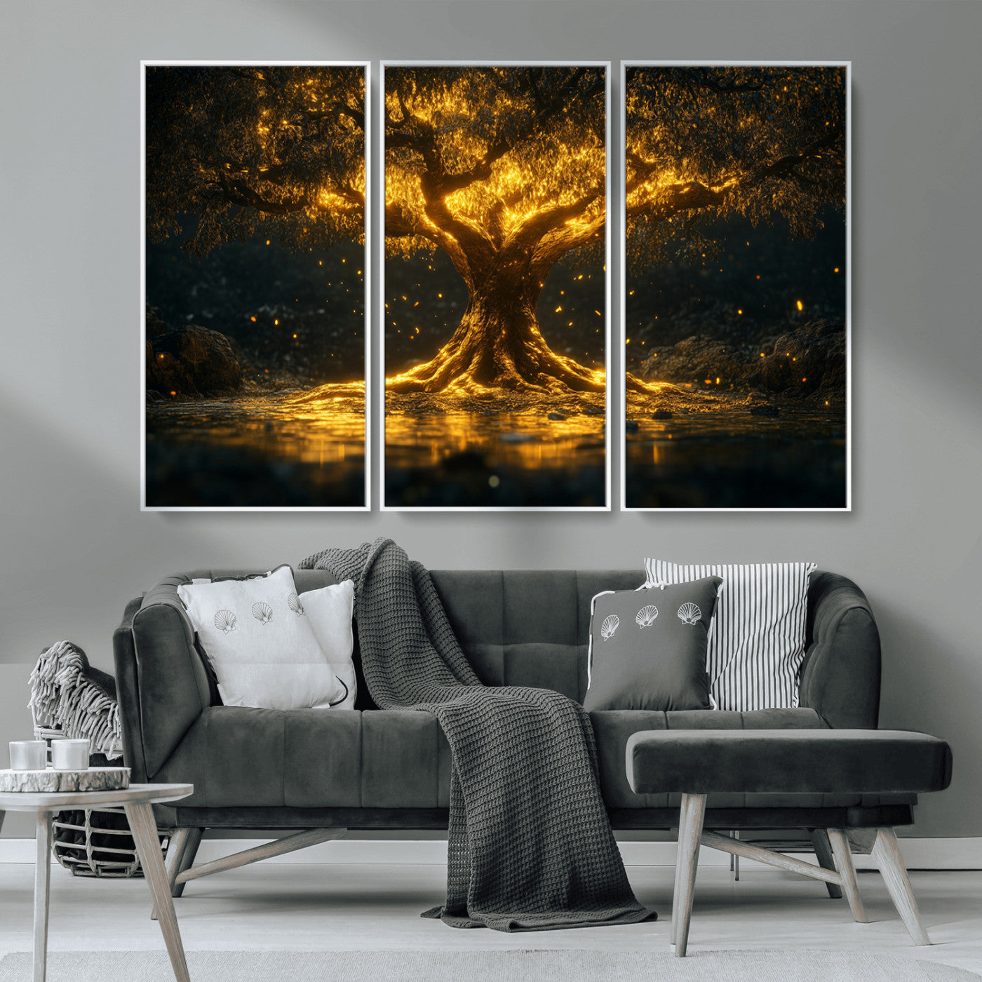 59580-MGV-CV-36X24-Glowing Tree Wall Art – Golden Fantasy Nature Canvas Print, Mystical Illuminated Tree Painting Poster for Living Room, Bedroom,