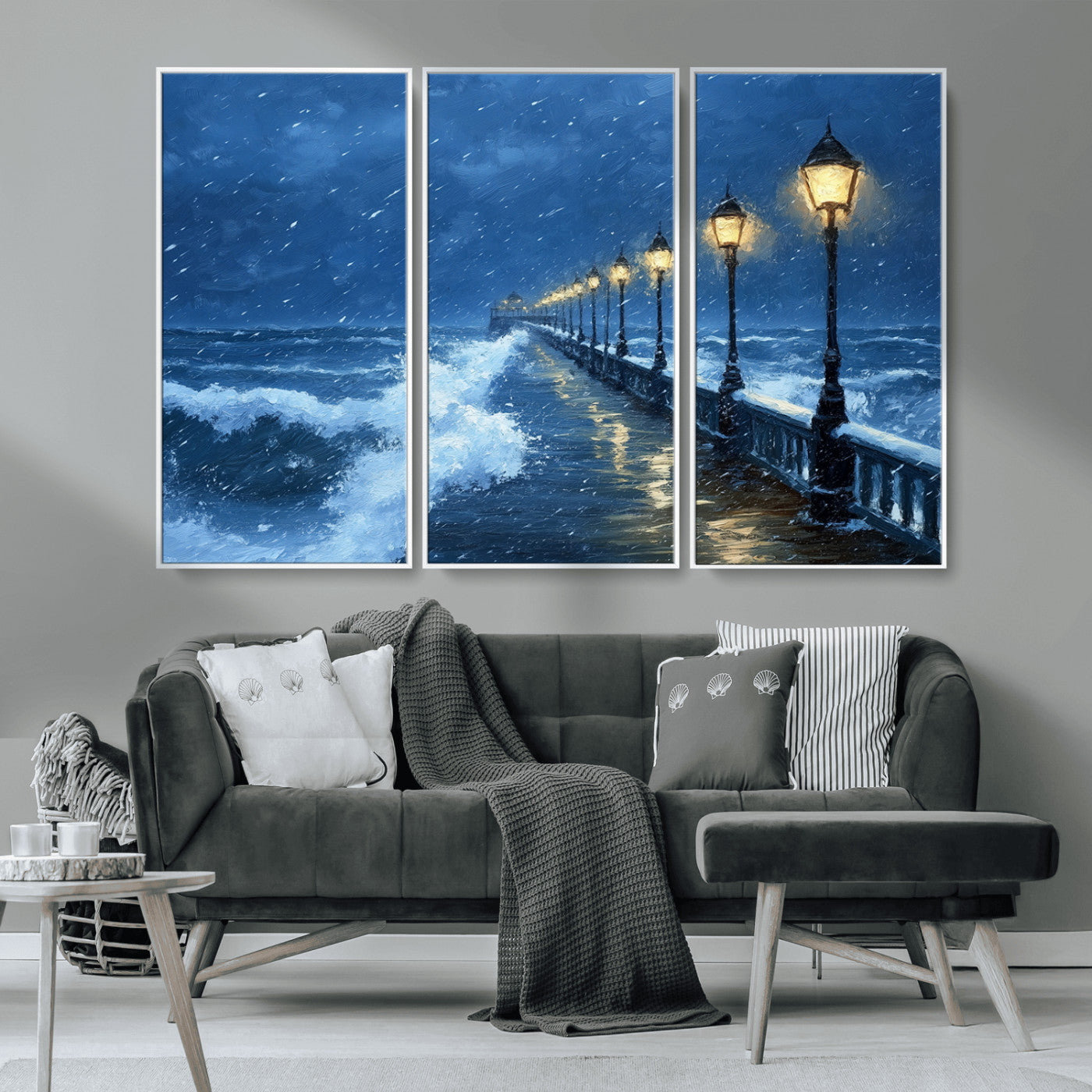 32668-MGV-CV-36X24-Stormy Pier Wall Art – Ocean Waves and Street Lamps Canvas Print, Rainy Night Seascape Oil Painting Poster for Living Room,