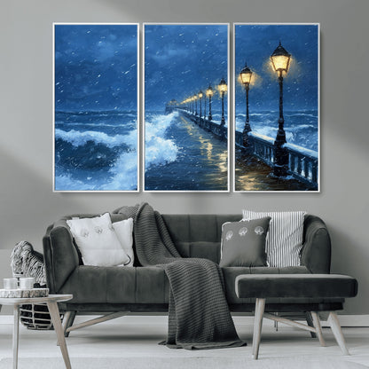 32668-MGV-CV-36X24-Stormy Pier Wall Art – Ocean Waves and Street Lamps Canvas Print, Rainy Night Seascape Oil Painting Poster for Living Room,