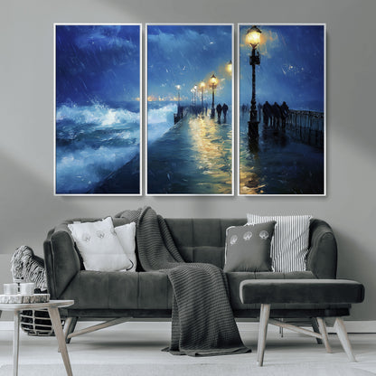 94571-MGV-CV-36X24-Seaside Night Wall Art – Ocean Waves and Street Lamps Canvas Print, Rainy City Pier Oil Painting Poster for Living Room, Bedroom,