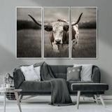 69238-MGV-CV-36X24-Longhorn Bull Wall Art – Rustic Black and White Texas Cattle Canvas Print, Western Farmhouse Animal Photography for Living Room,