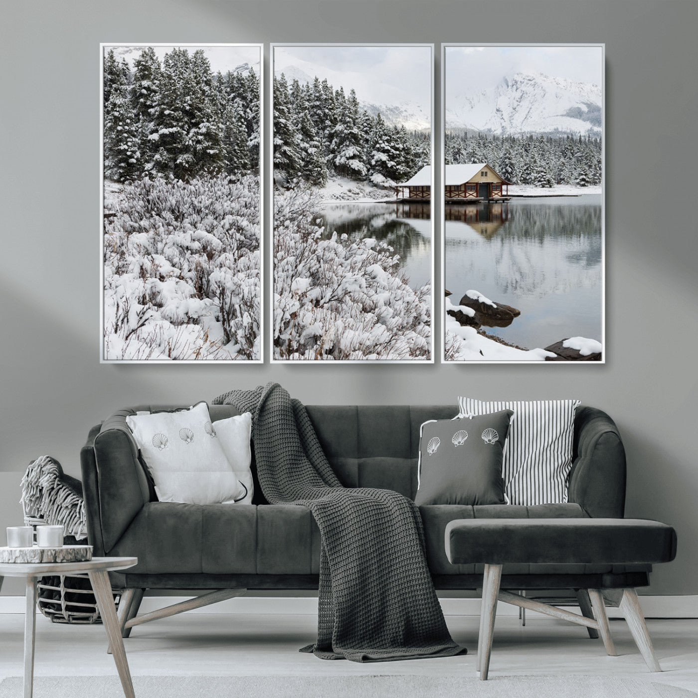 94285-MGV-CV-36X24-Snowy Cabin Wall Art Canvas Print, Framed Winter Cabin Art Picture Print, Mountain Lake Perfect Snowy Nature Decor Artwork