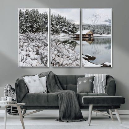 94285-MGV-CV-36X24-Snowy Cabin Wall Art Canvas Print, Framed Winter Cabin Art Picture Print, Mountain Lake Perfect Snowy Nature Decor Artwork