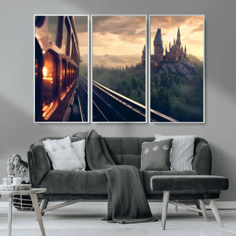 84029-MGV-CV-36X24-Fantasy Castle Wall Art – Magical Train Sunset Forest Canvas Print, Enchanted Landscape Painting Poster for Living Room, Bedroom,