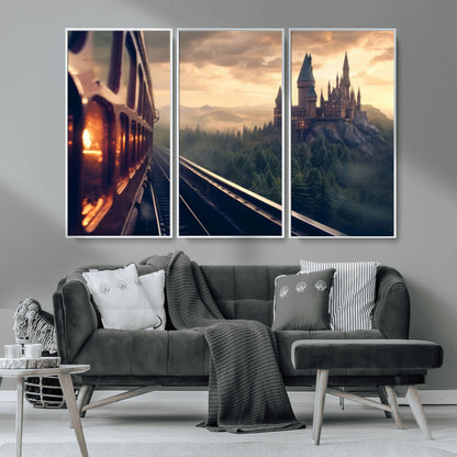 84029-MGV-CV-36X24-Fantasy Castle Wall Art – Magical Train Sunset Forest Canvas Print, Enchanted Landscape Painting Poster for Living Room, Bedroom,