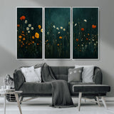 87037-MGV-CV-36X24-Wildflower Wall Art – Dark Botanical Floral Canvas Print, Modern Nature Painting Poster with Daisies Poppies Orange Flowers for