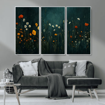 87037-MGV-CV-36X24-Wildflower Wall Art – Dark Botanical Floral Canvas Print, Modern Nature Painting Poster with Daisies Poppies Orange Flowers for