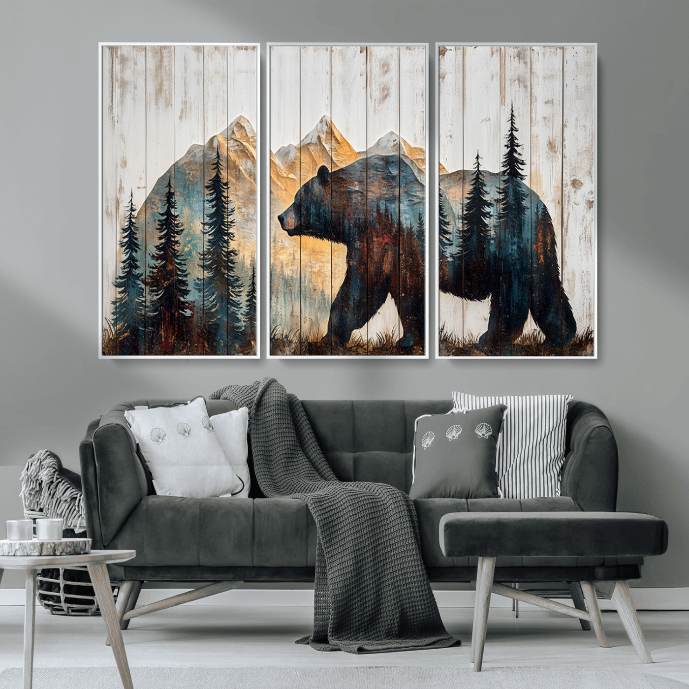 90077-MGV-CV-36X24-Wood Grizzly Bear Wall Art Canvas Print, Framed Abstract Bear Art Picture Print, Bear in Forest Perfect Rustic Lodge Decor Artwork
