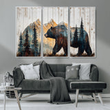 90077-MGV-CV-36X24-Wood Grizzly Bear Wall Art Canvas Print, Framed Abstract Bear Art Picture Print, Bear in Forest Perfect Rustic Lodge Decor Artwork