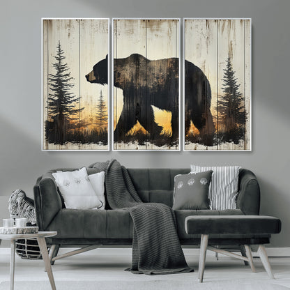 83875-MGV-CV-36X24-Sunset Bear Wall Art – Rustic Wildlife Canvas Print with Forest Silhouette, Cabin Lodge Decor for Living Room or Office