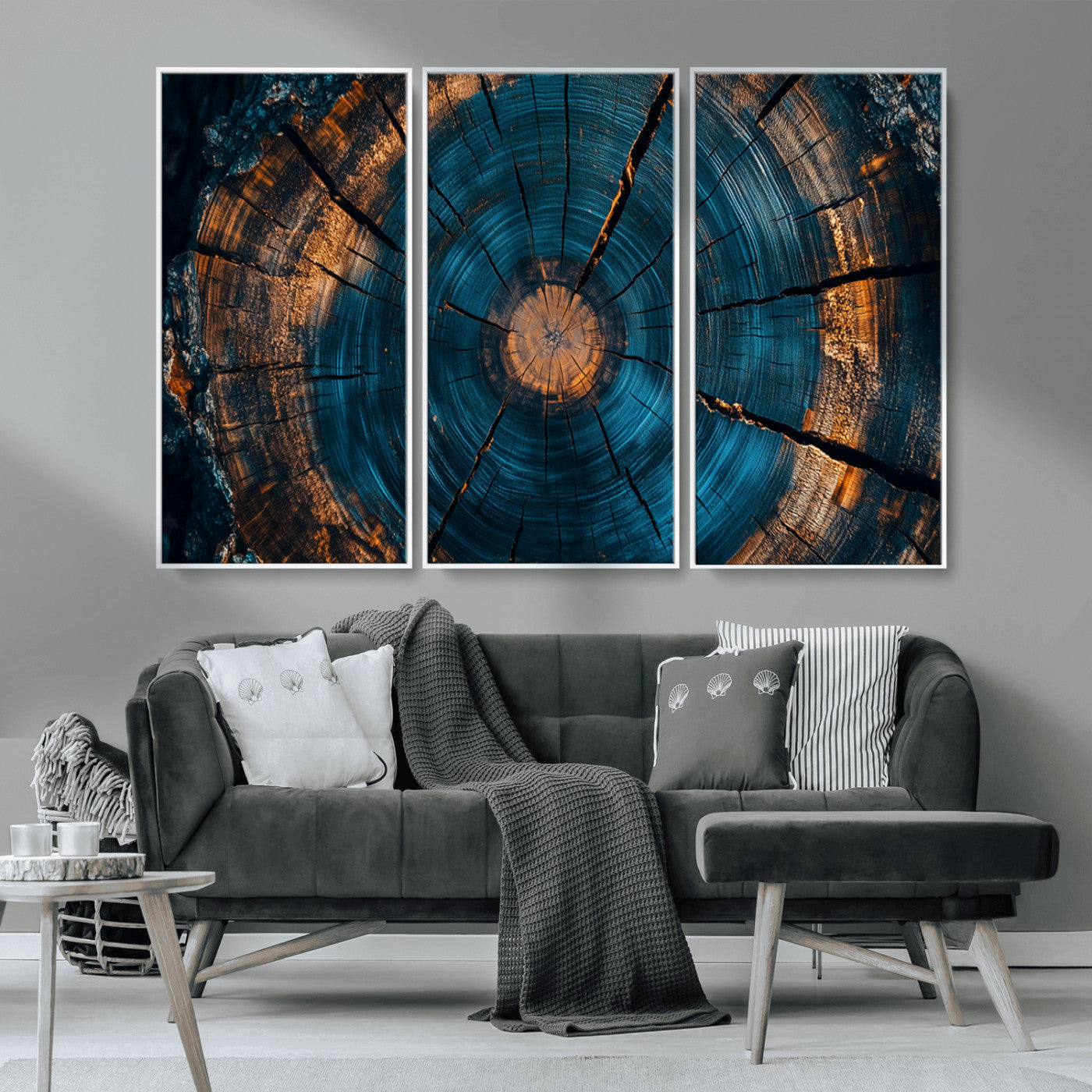 65231-MGV-CV-36X24-Blue and Gold Tree Ring Wall Art – Rustic Abstract Wood Slice Canvas Print, Modern Nature Inspired Artwork for Living Room,